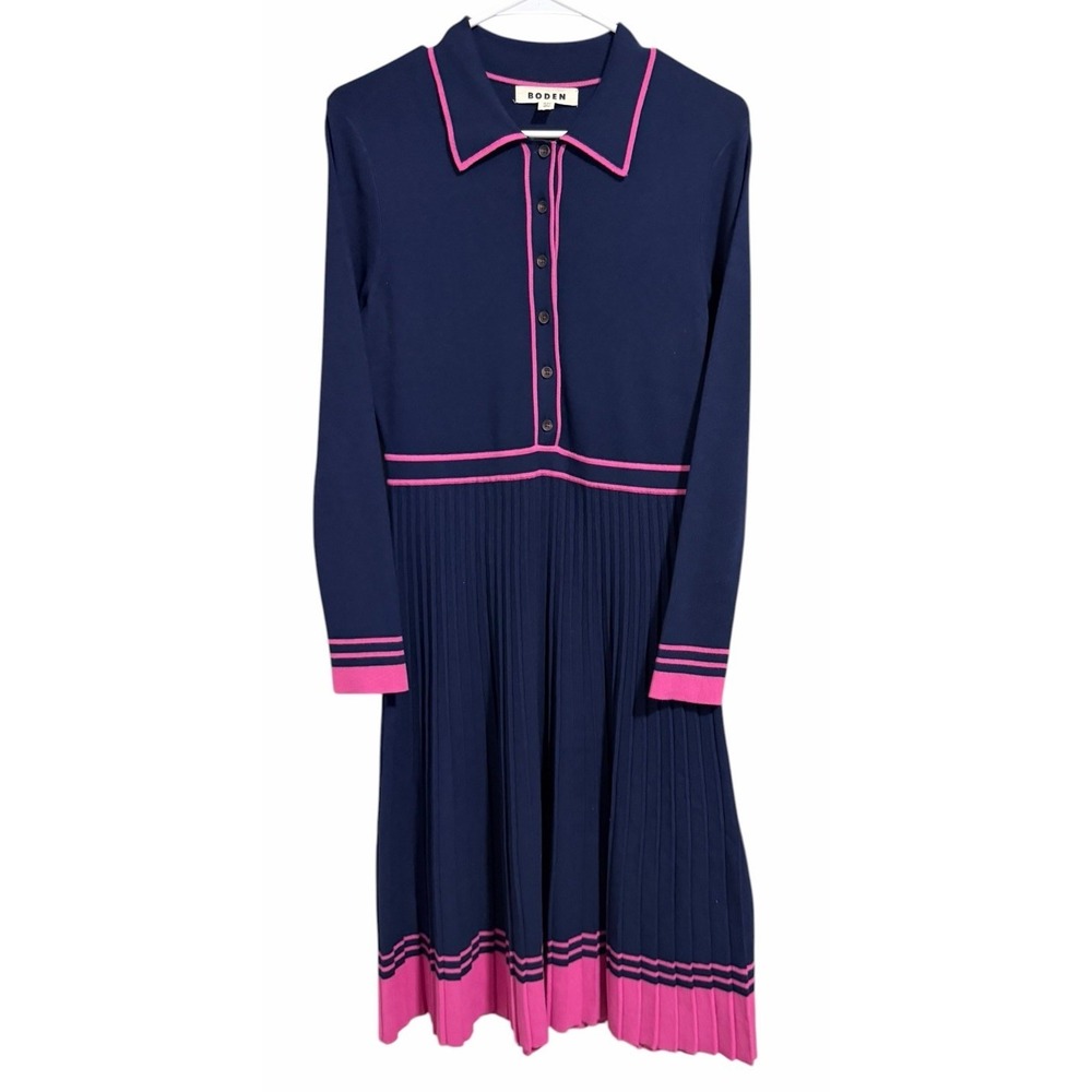 Boden Collared Long Sleeve Pleated Knit Dress Navy/Hot Pink Women's Size 8P